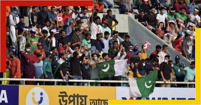 Pakistan flag with Bangladeshi Suporters cheering when their country loosing match